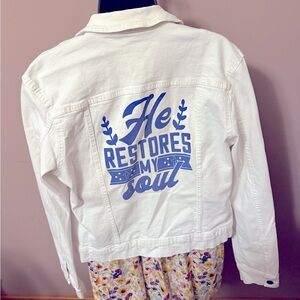Bright white with bold blue He Restores My Soul women’s denim jacket size L